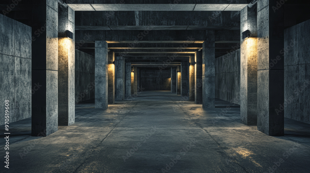 Poster a high-quality, 3d image showing a dark, industrial basement with concrete walls. this image is perf