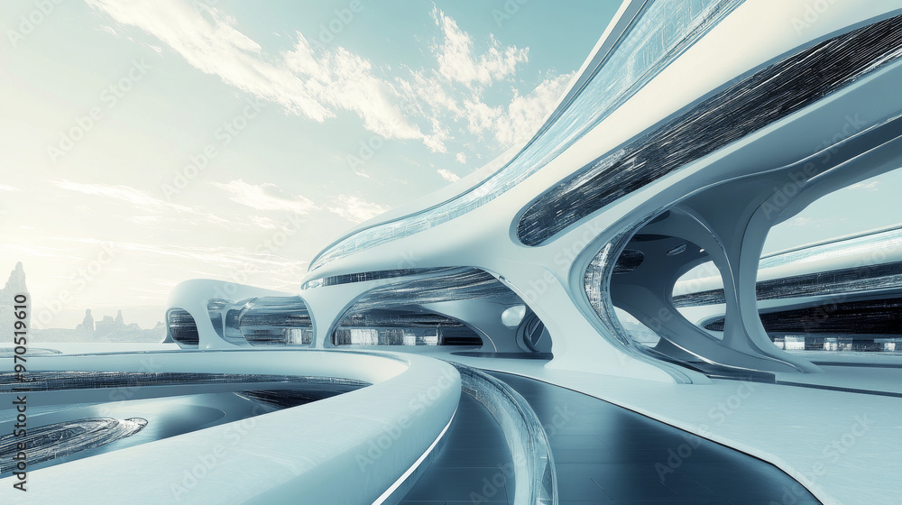 Poster a high-quality, 3d image showing a futuristic building with a sleek, modern design. the image provid