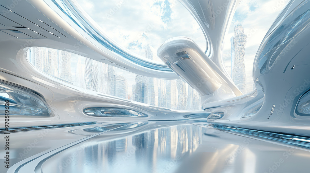 Poster a high-quality, 3d image showing a futuristic building with a sleek, modern design. the image provid