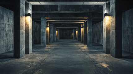 A high-quality, 3D image showing a dark, industrial basement with concrete walls. This image is perfect for creating virtual reality experiences.