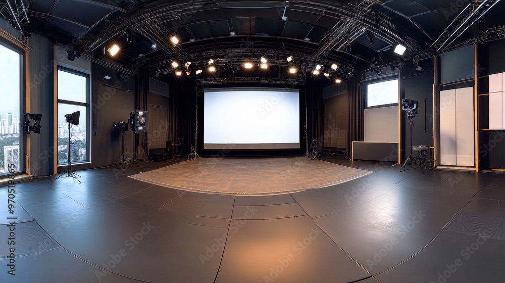 Poster a high-quality, 3d image shows a completely empty studio with a view in all directions. it looks lik