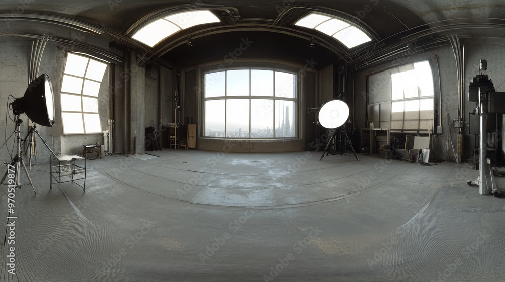 Poster a high-quality, 3d image shows a completely empty studio with a view in all directions. it looks lik