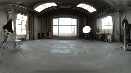 Naklejka premium A high-quality, 3D image shows a completely empty studio with a view in all directions. It looks like a virtual reality scene.360 degree-view