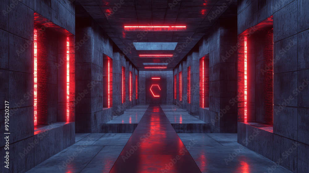 Poster a high-quality,3d image shows a futuristic building with red glowing lights.the building is surround