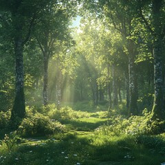 Obraz premium Sunbeams Through Forest Trees Lush Green Canopy Woodland Path