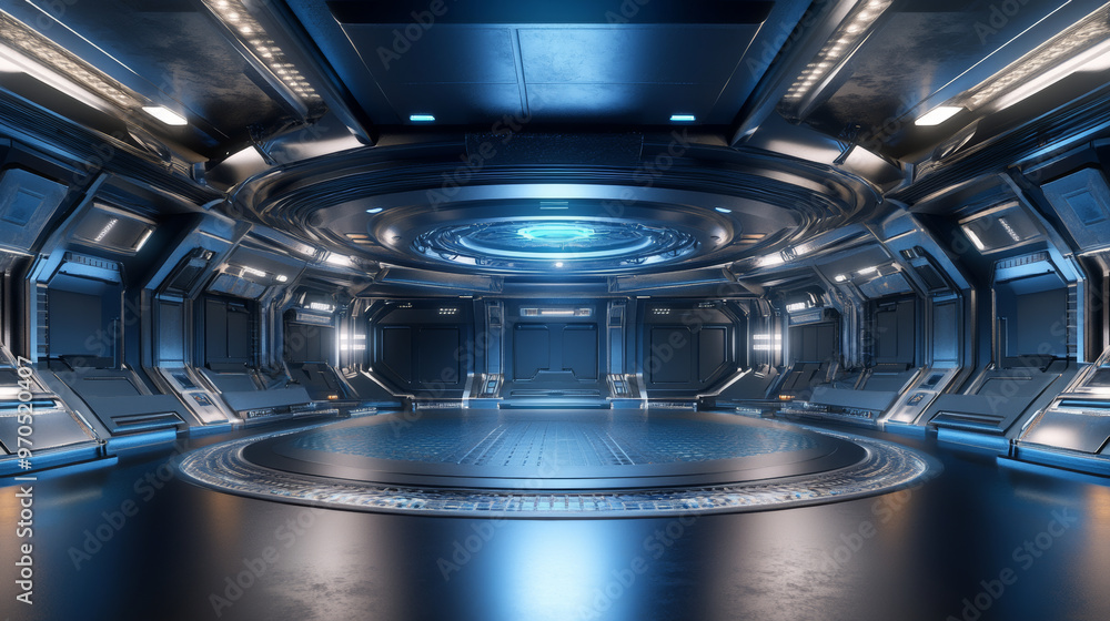 Poster a high-resolution, 3d image of a futuristic studio with blue metallic walls. the image shows every d