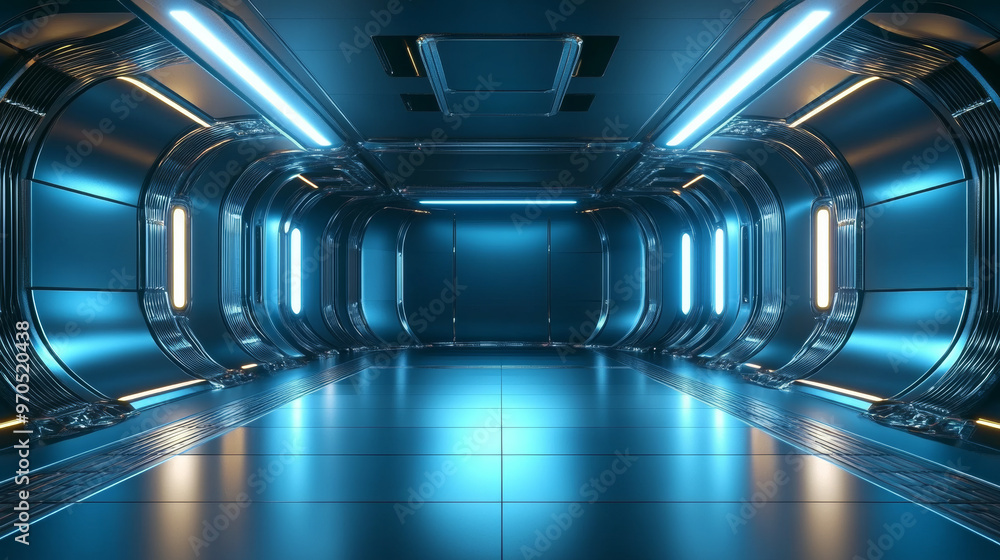 Poster a high-resolution, 3d image of a futuristic studio with blue metallic walls. the image shows every d