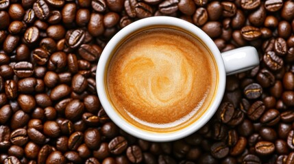 A cup of freshly brewed coffee surrounded by coffee beans, offering a close-up of frothy crema and rich aroma. Morning coffee energy concept.