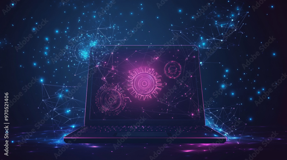 Poster a laptop with gears, representing the idea of computer service. the background is a starry sky made 