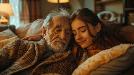 Fototapeta premium A heartwarming moment between a grandparent and grandchild, sharing love and warmth in a cozy living room setting.