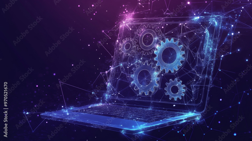 Poster a laptop with gears, representing the idea of computer service. the background is a starry sky made 