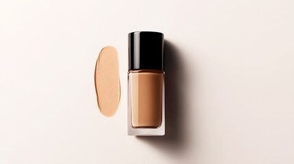 bottle of liquid foundation concealer with its cap off, placed against a light beige background, highlighting the product