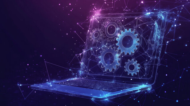 A laptop with gears, representing the idea of computer service. The background is a starry sky made of connected lines and points, creating a futuristic look.low poly vector illustration.