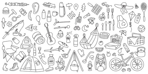 Hand drawn picnic, travel and camping theme. Doodle style. Vector 