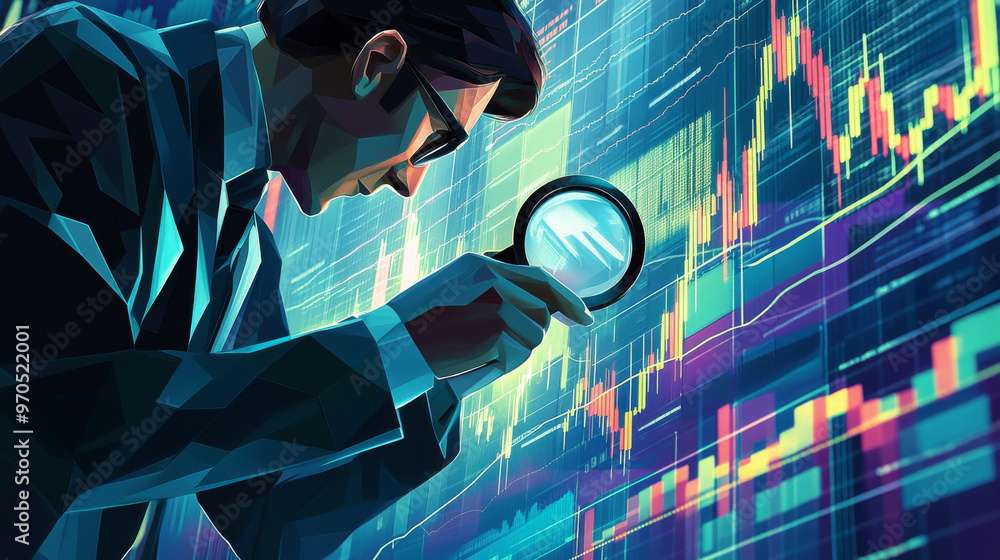 Poster a man examines a chart using a magnifying glass. the chart shows data from the stock market. this il