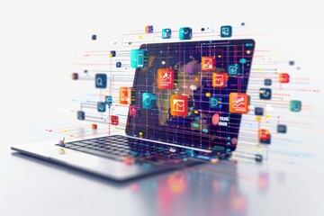 A laptop screen shows a complex web of icons and symbols