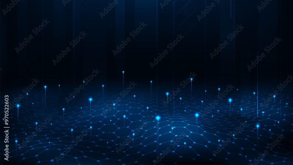 Poster Futuristic big data connection concept. Wave line hexagon pattern abstract digital technology background.