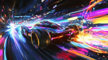 racing car in the midst of a dynamic and colorful race track with swirling patterns and bright lights.