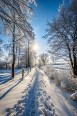 Obraz premium Charming winter path illuminated by sunlight, lined with frosted trees and snow-covered landscape, serene outdoor scene