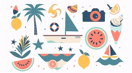 130. Vector flat illustration of summer holiday icons in a minimalist geometric style. The set includes a boat, surfboard, watermelon, lemon, seashell, photo camera, and palm tree, arranged on a