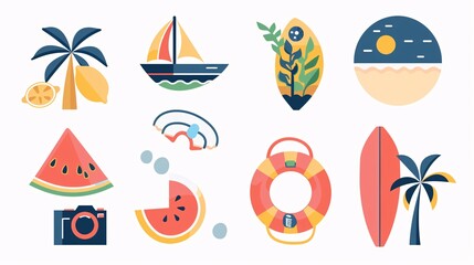 130. Vector flat illustration of summer holiday icons in a minimalist geometric style. The set includes a boat, surfboard, watermelon, lemon, seashell, photo camera, and palm tree, arranged on a