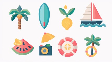 Naklejka premium 129. Minimalist geometric summer icons set featuring holiday beach elements. Includes a boat, surfboard, watermelon, lemon, seashell, photo camera, and palm tree, all in vibrant colors on a clean