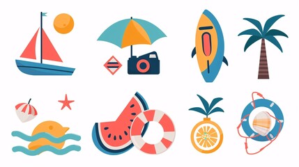 131. Summer icon set in minimalist geometric design, showcasing elements like a boat, surfboard, watermelon, lemon, seashell, photo camera, and palm tree. The bright, flat illustrations are set