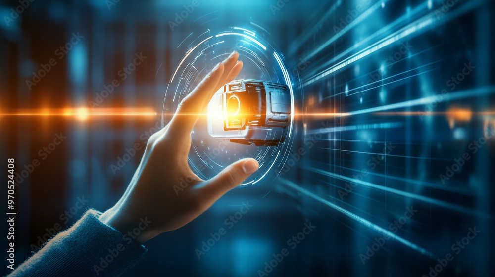 Poster a person experiences virtual reality, their hand appearing robotic. this image shows how technology 