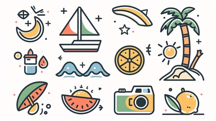 132. Collection of geometric summer icons for tropical vacation, including a boat, surfboard, watermelon, lemon, seashell, photo camera, and palm tree. The minimalist vector illustrations are