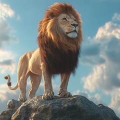 Obraz premium Majestic Lion Standing on Rock with Dramatic Sky