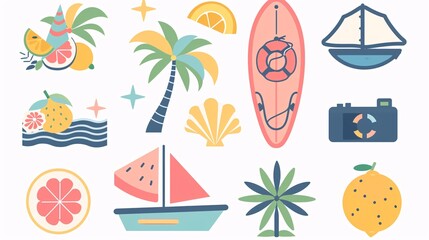 Obraz premium 132. Collection of geometric summer icons for tropical vacation, including a boat, surfboard, watermelon, lemon, seashell, photo camera, and palm tree. The minimalist vector illustrations are