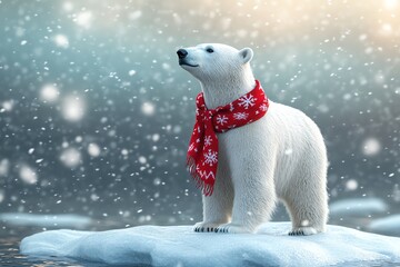 Adorable polar bear standing on ice wearing red winter scarf in snowy winter scene. Arctic wildlife concept.