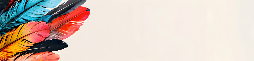 Colorful feathers arranged in a corner on a light background, Day of the world's Indigenous peoples banner with copy space