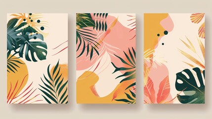 Obraz premium 139. Vector illustration of summer backgrounds with tropical palm leaves, designed in a modern abstract style. The covers set includes minimal, trendy designs, ideal for jungle and beach themed