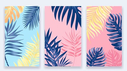 Obraz premium 140. Summer creative backgrounds with tropical palm leaves. Modern abstract bright covers set, trendy minimal design. Jungle and beach theme. Vector illustration.