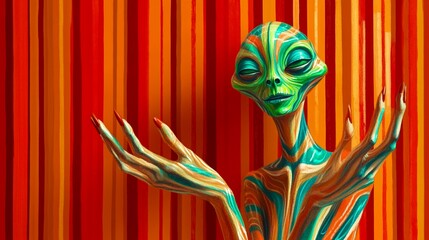 Naklejka premium Intriguing Alien Character with Unique Patterns and Expressions in a Colorful Background