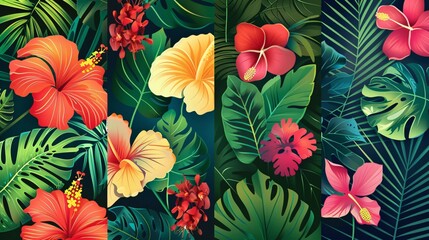 Fototapeta premium 148. Vector set of summer tropical backgrounds, showcasing bright flowers and green leaves. The templates are designed with vivid colors and detailed illustrations, ideal for a tropical theme