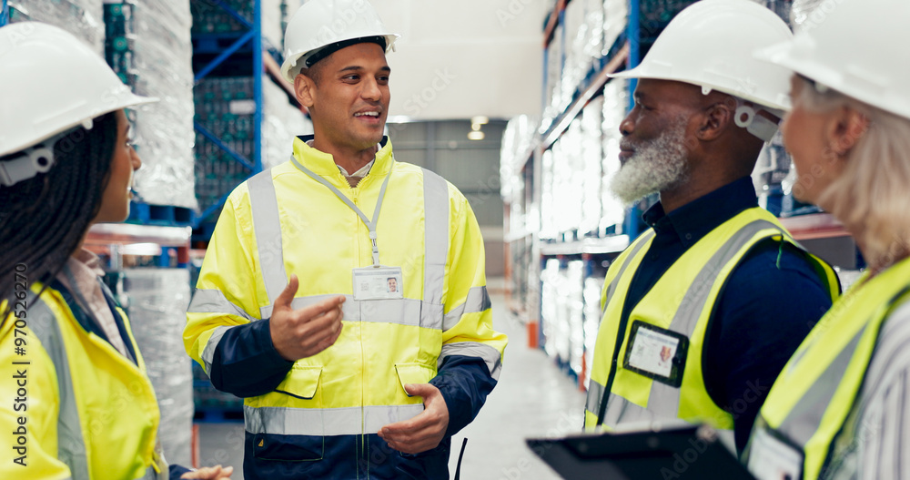 Poster warehouse, group and teamwork in inspection for logistic, quality control or stock management. engin