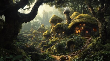 Charming enchanted forest village with whimsical fairy houses, lush greenery, and mystical ambiance. Perfect for fantasy storytelling backdrops.