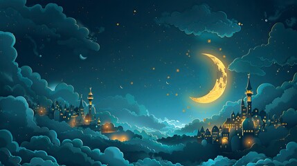 Green clouds and Crescent moon with text Milad un Nabi vector illustration