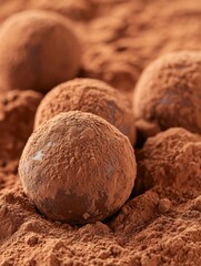 A close-up of rich and velvety chocolate truffles dusted with cocoa powder, showcasing their smooth texture and decadent appearance.