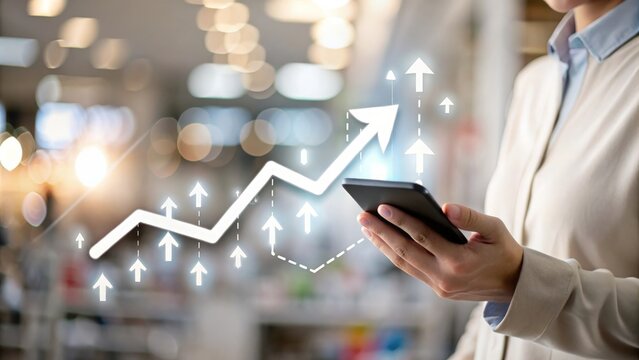 Ecommerce Progress – A blurred background of a busy digital marketplace with growth arrows.
