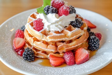 A stack of fluffy waffles topped with a generous swirl of whipped cream, drizzled with syrup, and garnished with fresh berries.
