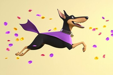 Cartoon Dog Wearing a Purple Cape Jumps Through the Air Surrounded by Falling Petals