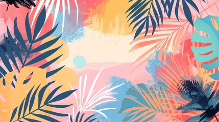 Fototapeta premium 162. Vector set of colorful summer background templates, featuring tropical palm leaves and a theme of travel, vacation, and beach. Editable designs suitable for posters, banners, covers, cards,