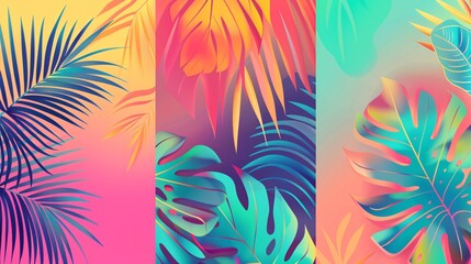 163. Editable vector templates with a vibrant summer theme, showcasing tropical palm leaves and elements of travel, vacation, and the beach. These colorful backgrounds are ideal for posters, banners,