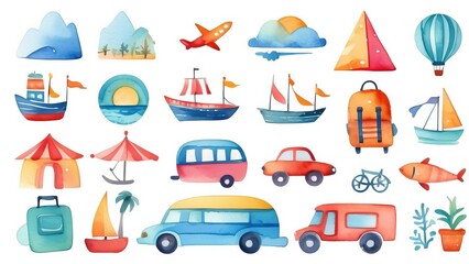 Vibrant watercolor travel icons set featuring boats, cars, and airplanes
