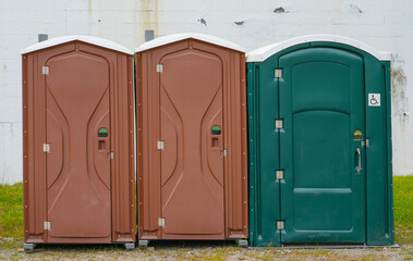 rows of portable toilet outdoor