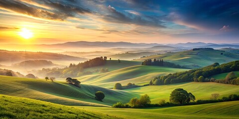 Obraz premium Tranquil landscape of rolling hills at sunrise with a peaceful sky