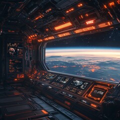 Futuristic Spaceship Cockpit View with Earth and Starry Sky